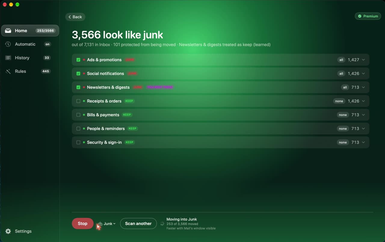 Emailyst showing 3,566 messages that look like junk, grouped into categories