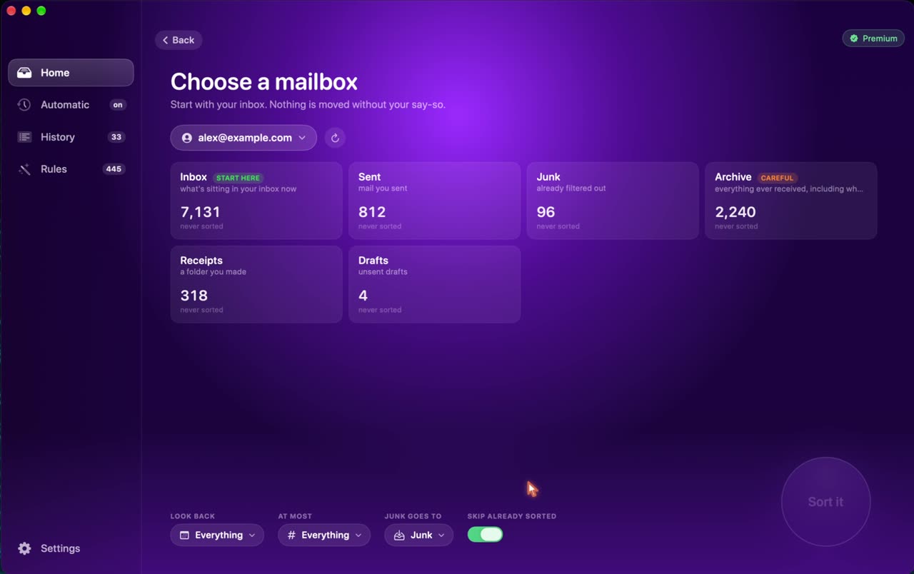 Emailyst listing the mailboxes in an account with a count of messages in each